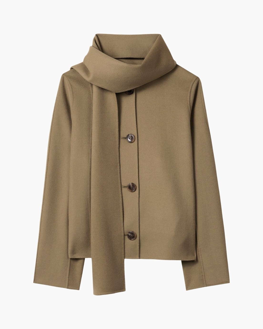 jas, sjaal, knopen, camel