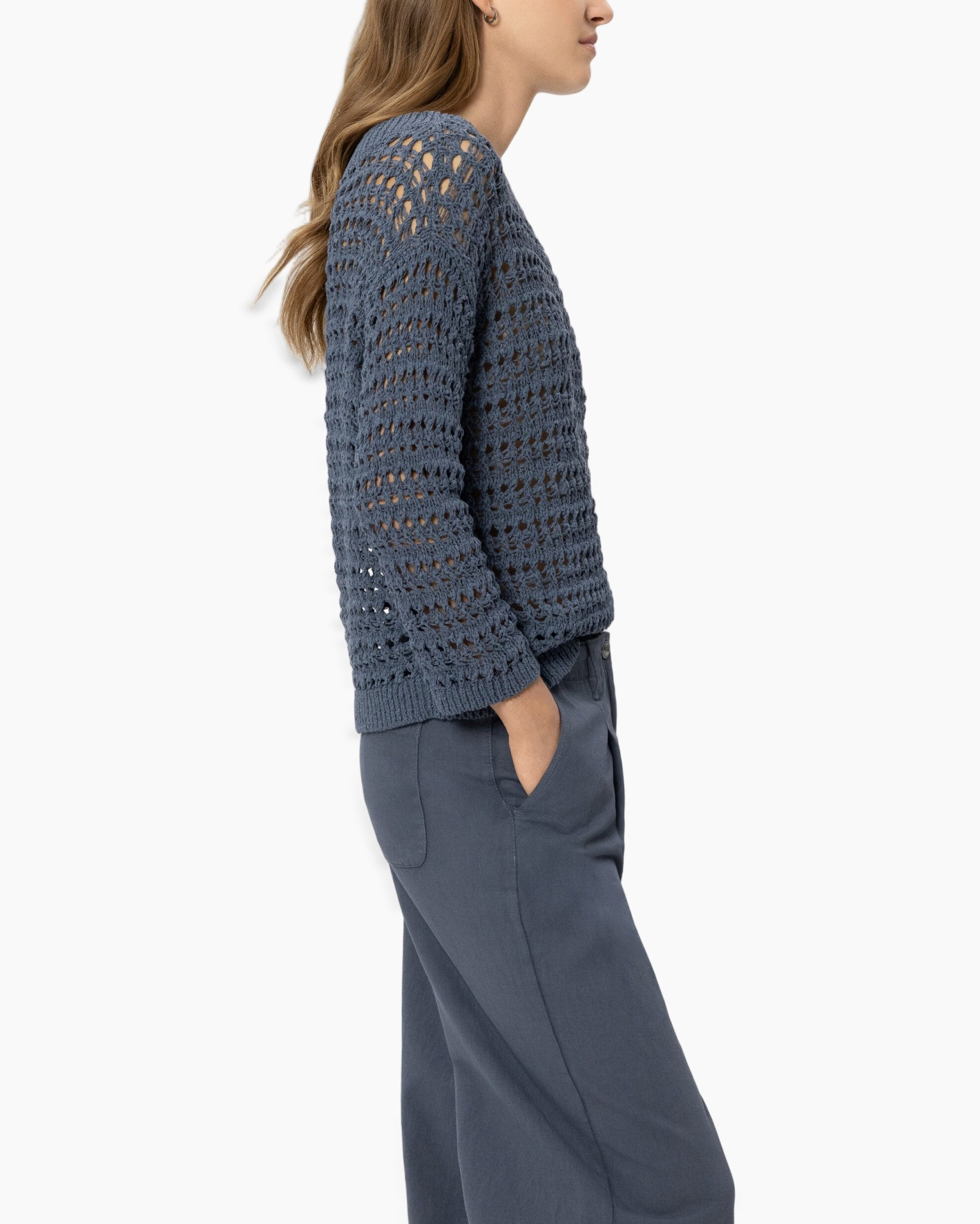 gebreide trui, lange mouwen, donkerblauw, textuur breiwerk, lossere pasvorm