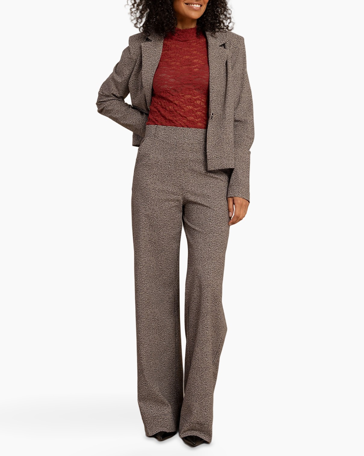 broek, wijdelijn, tweed, slacks, blazer-set