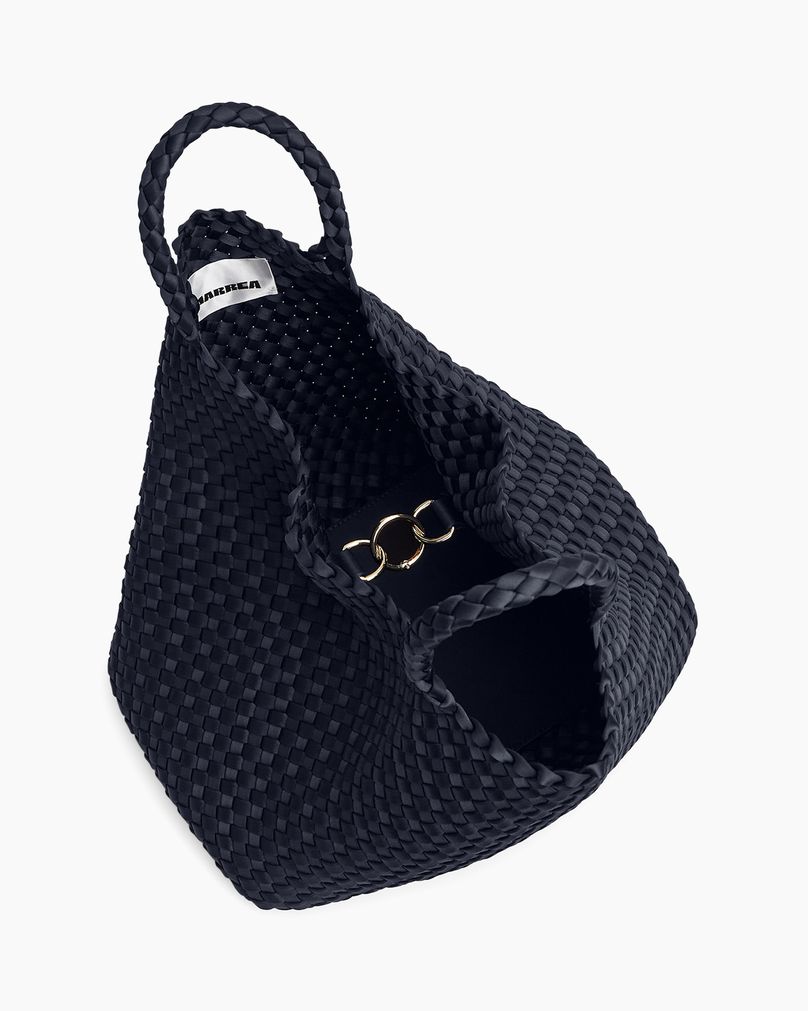 gevlochten tas, emmer tas, navy kleur, handtas, metaalkleurige ring hardware