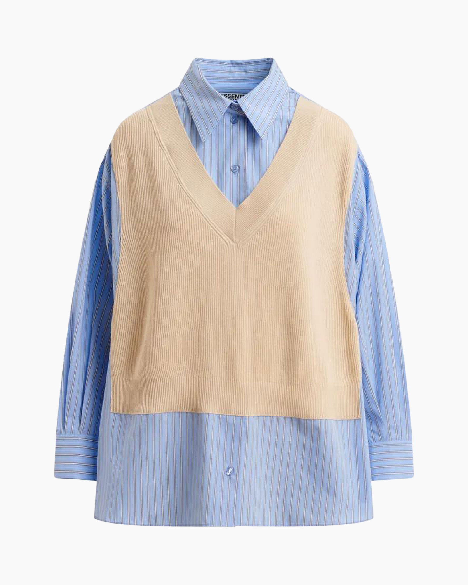 vestsweater?, bruin vest?, v-hals, laagjes breisel, blauw gestreepte shirt