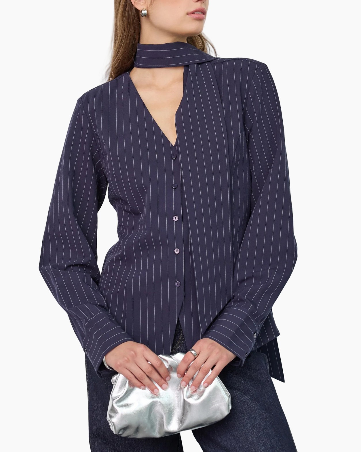 Gestreepte blouse, Marineblauw, Knoopsluiting, V-hals, Lange mouwen