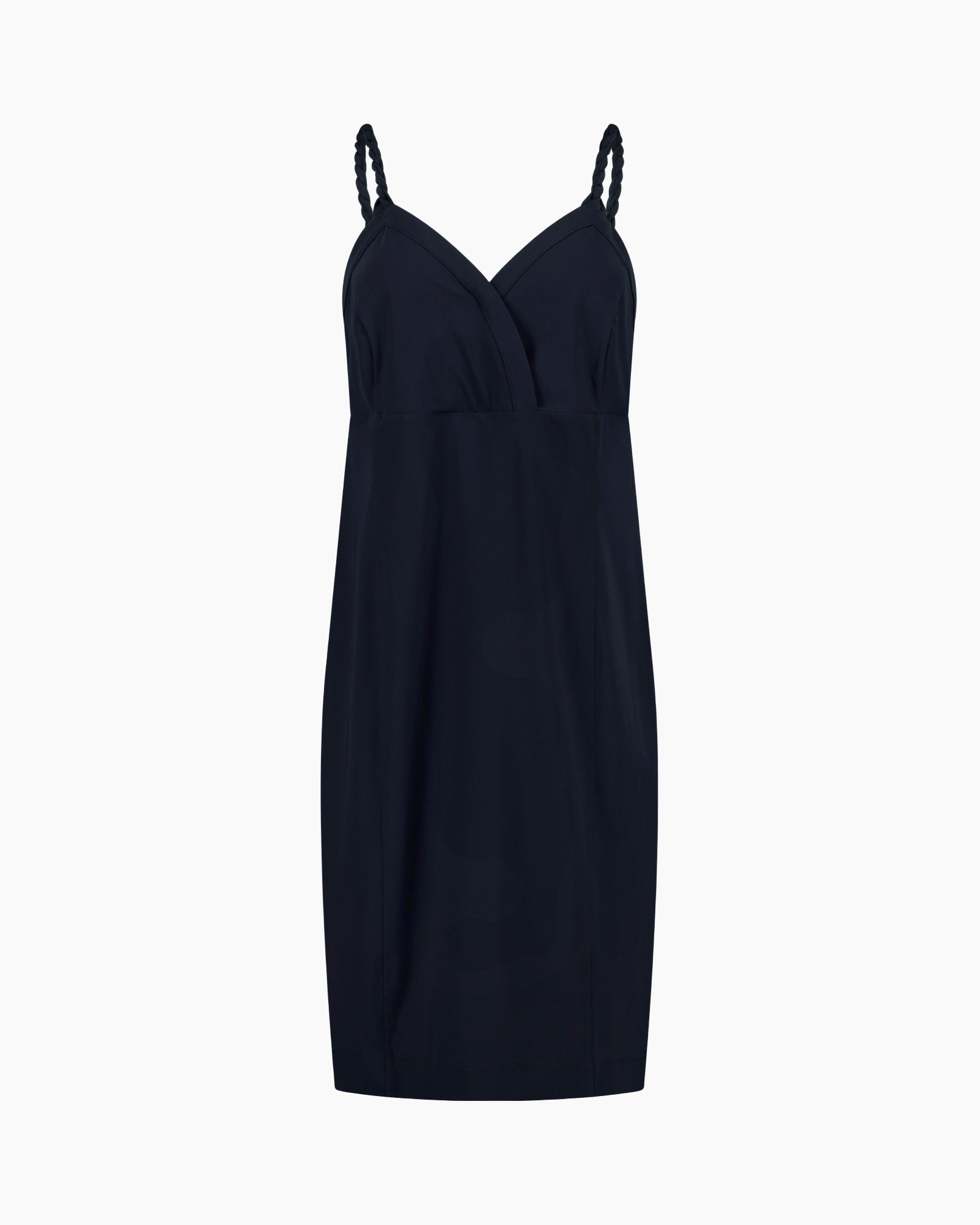 nachtblauw jurk, ruffles?, spaghettibandjes, v-hals, knielengte