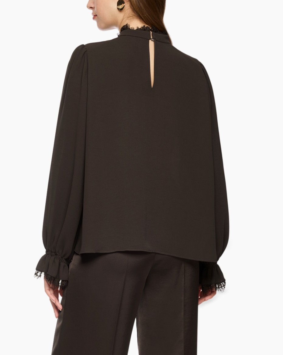 blouse, edge-lace, halslijn hoog, lange mouwen, donkerbruin
