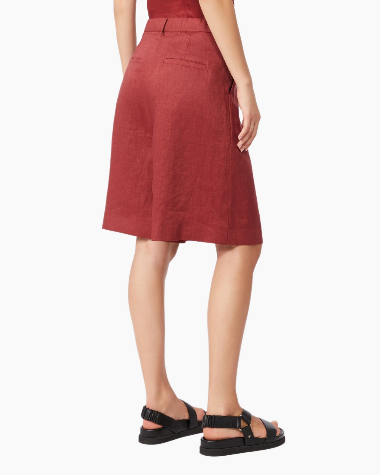 broek, linnen, rood, knielengte, talie