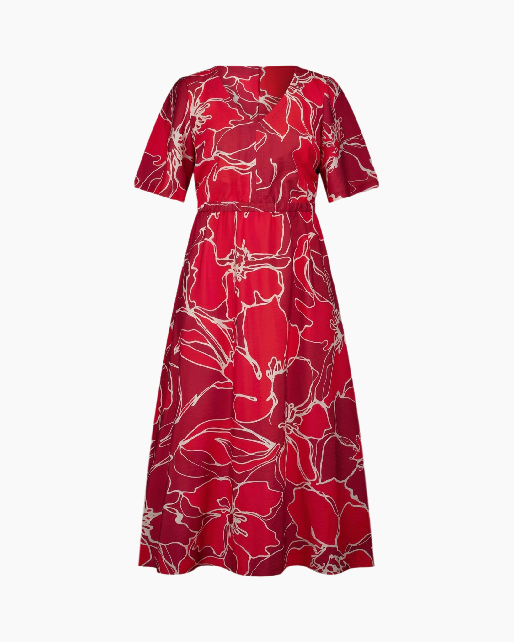 jurk, midi, rood, bloemenprint, korte mouw