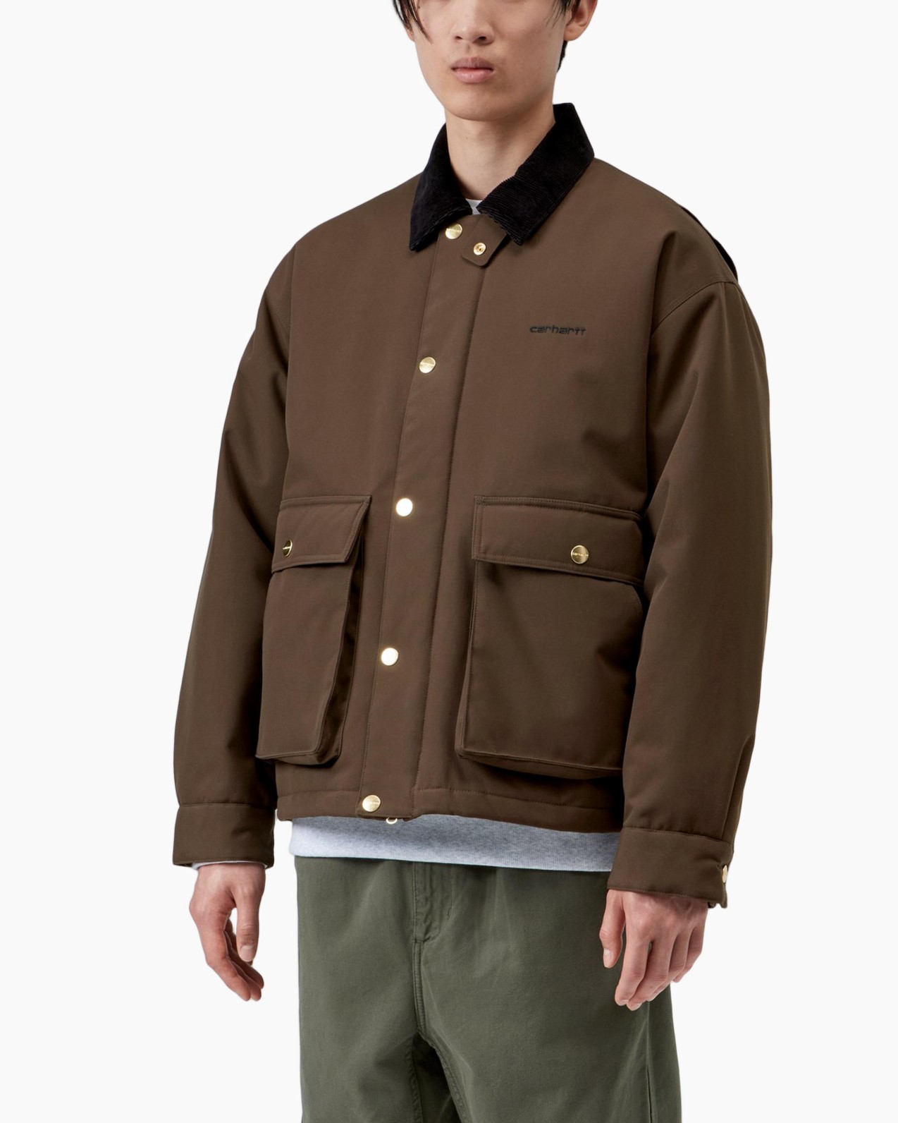 jas, bruin, puffer, kraag van corduroy, zakken