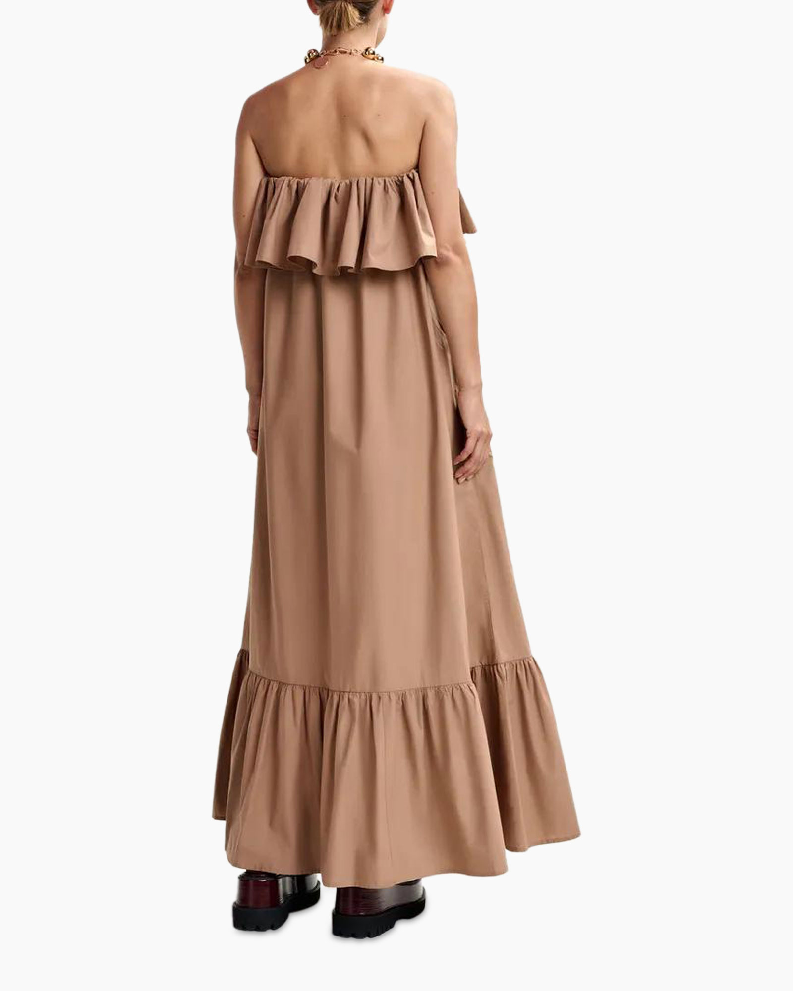 maxi dress, strapless dress, ruffled top, beige, ankle-length
