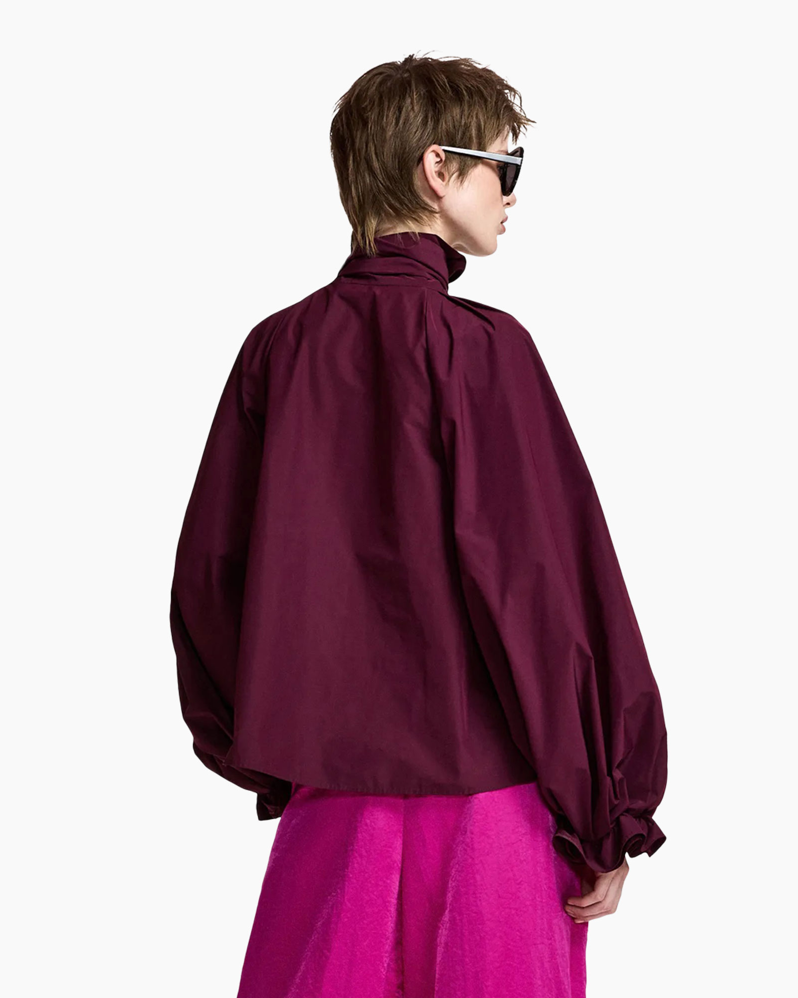 blouse, jumper, puff sleeve, halslijn hoog, striksluiting