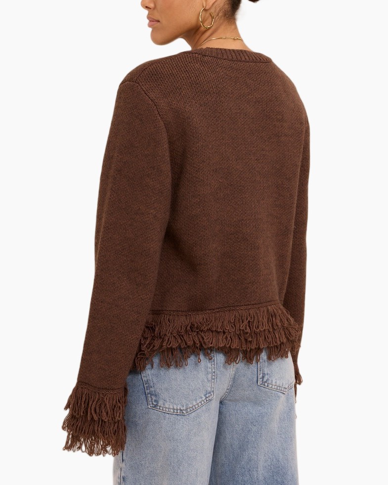 sweater gebreid, bruin, fringe zoom, lange mouwen, casual top