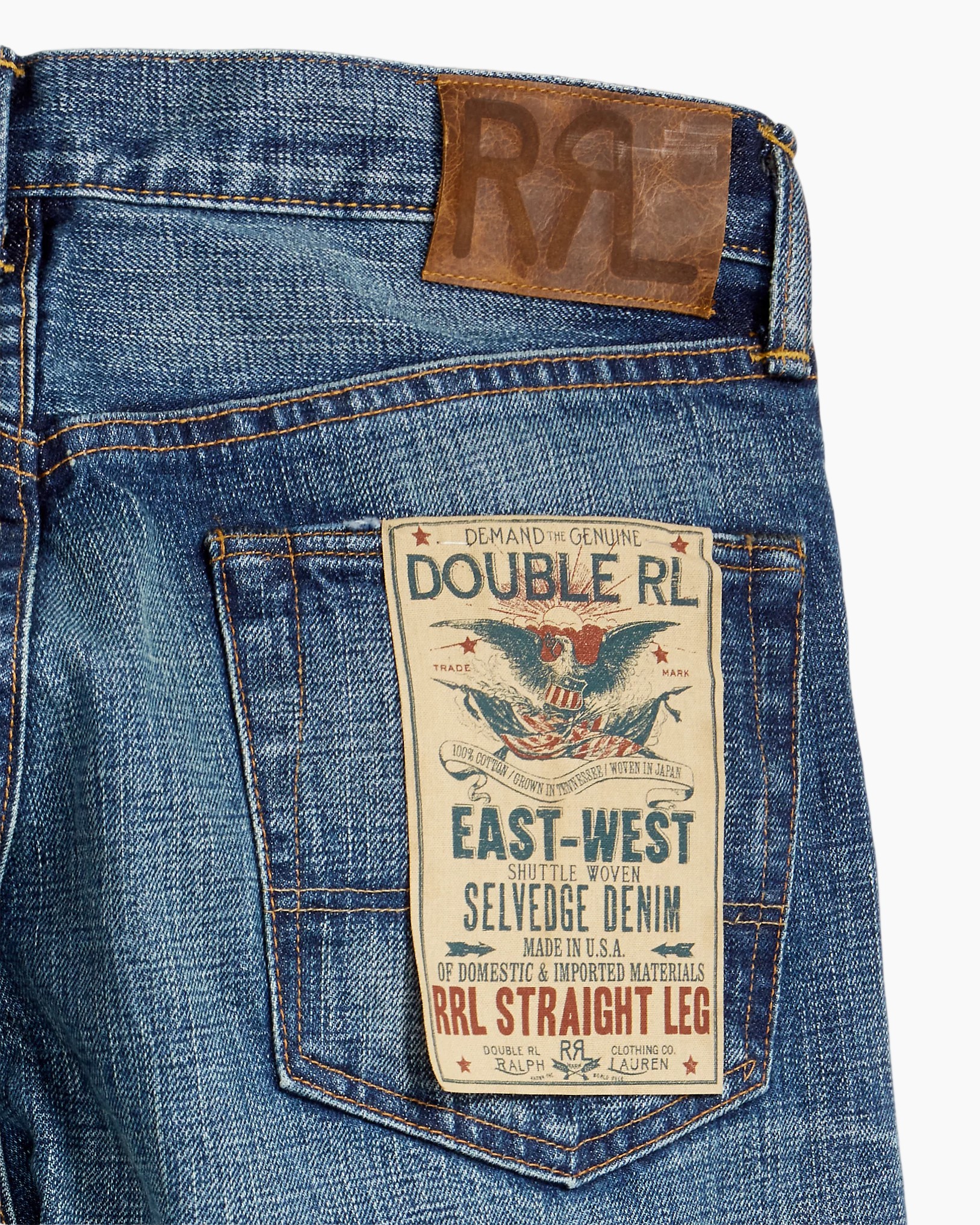 denim, jeans, achterzak, patch, bruin leren label