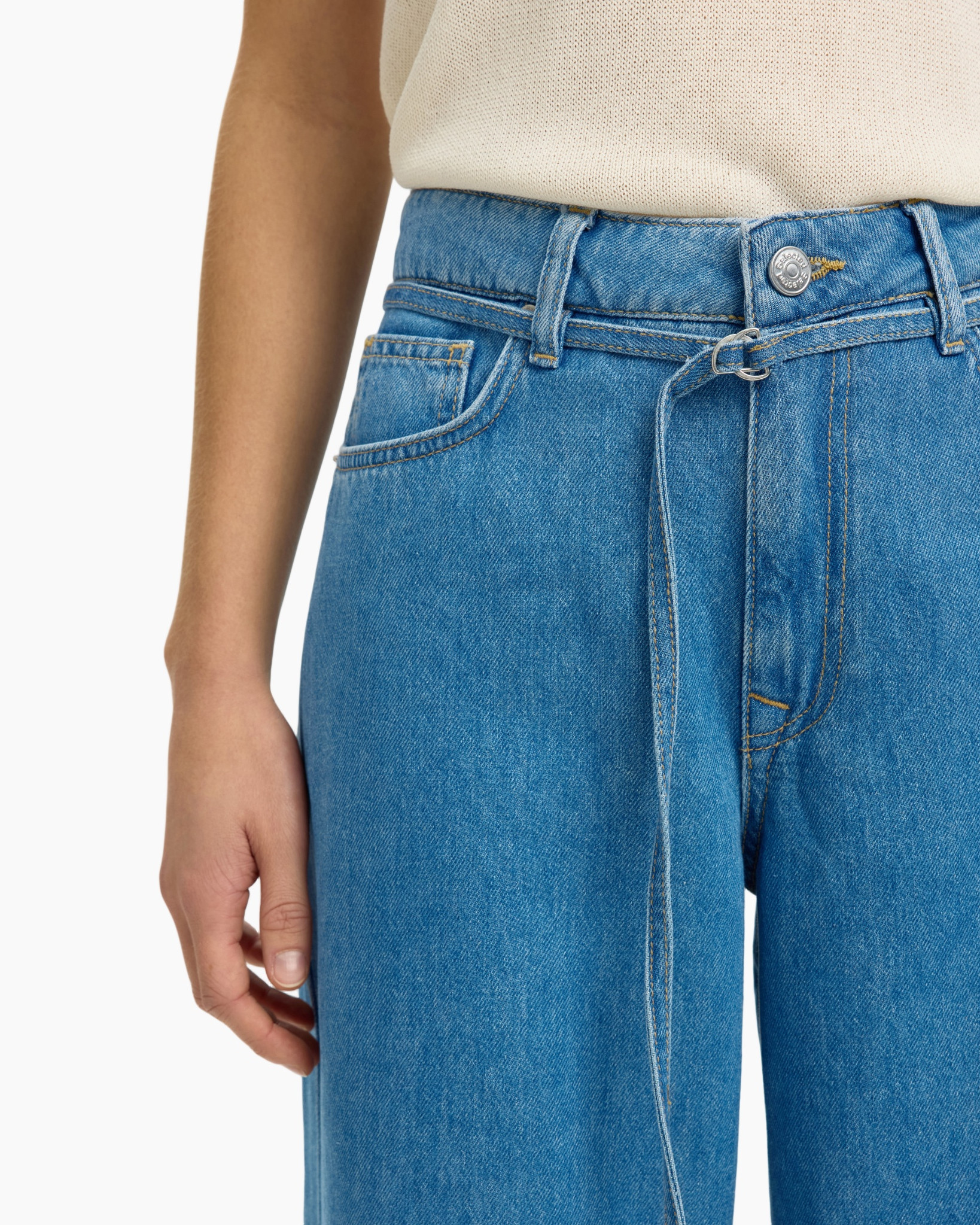 jeans, denim, high-waisted, belted, flared legs