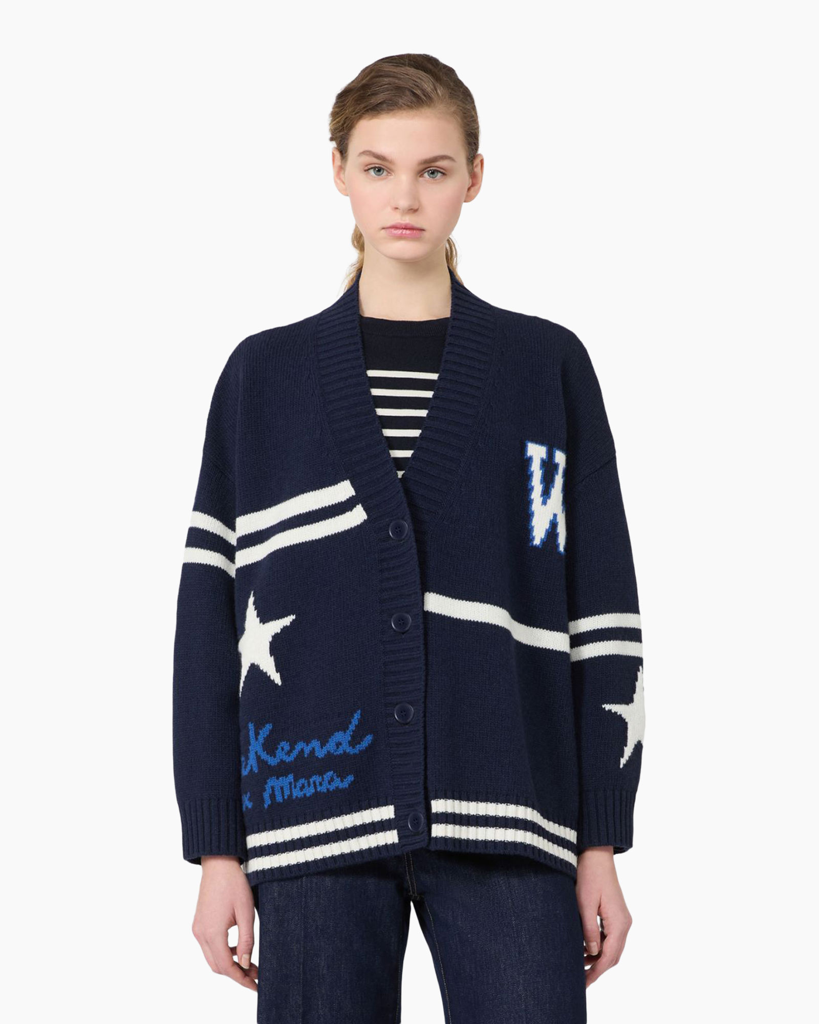 cardigan, knitwear, navy, sterpatroon, dubbele streep