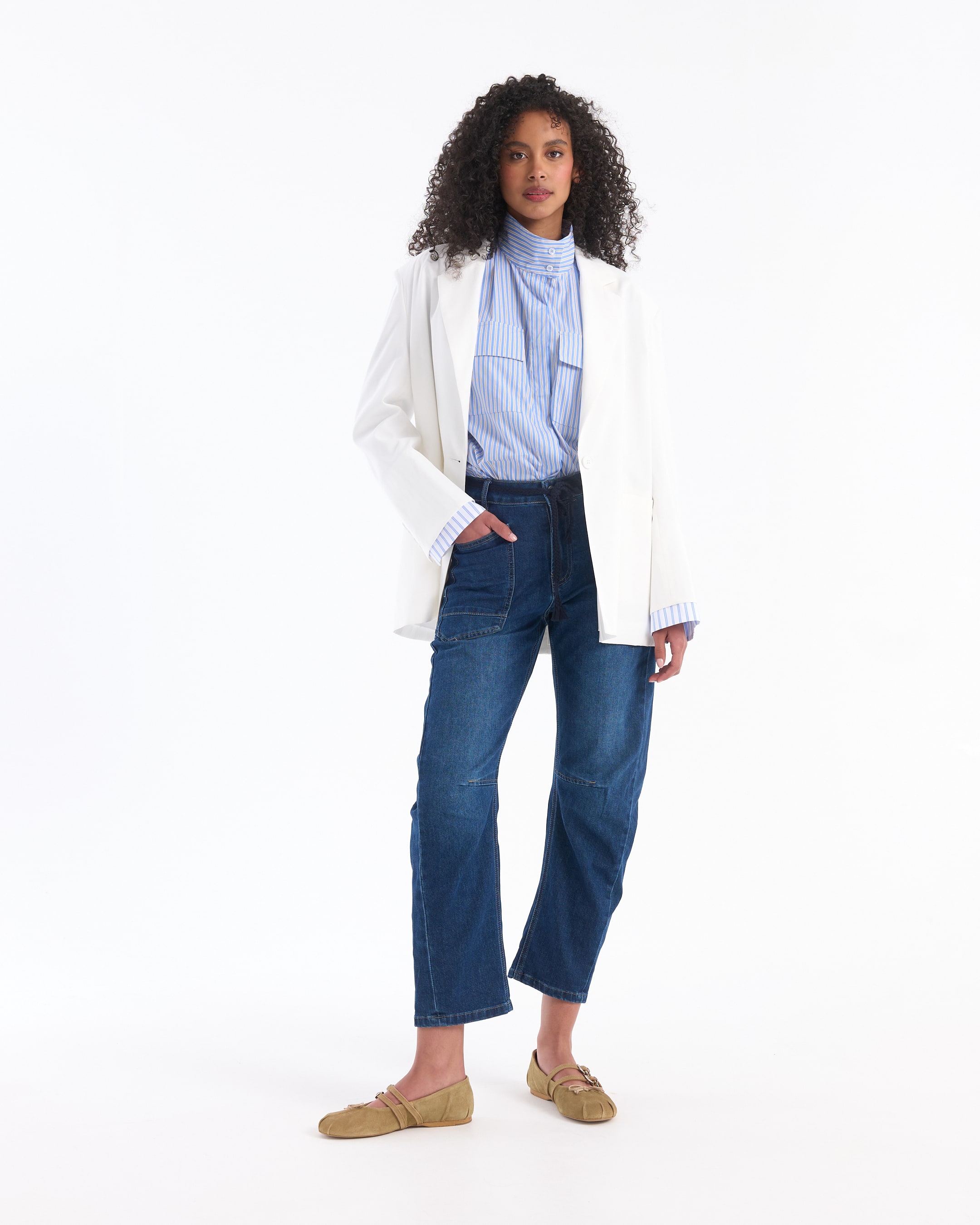 blazer, white blazer, striped shirt, blue jeans, penny loafers