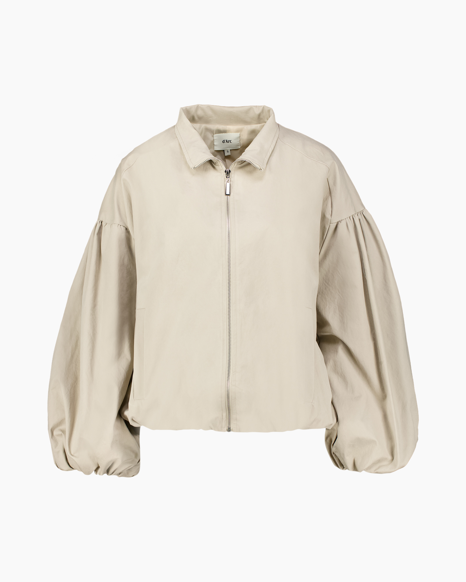 jas, jas, beige, rits, pofmouwen