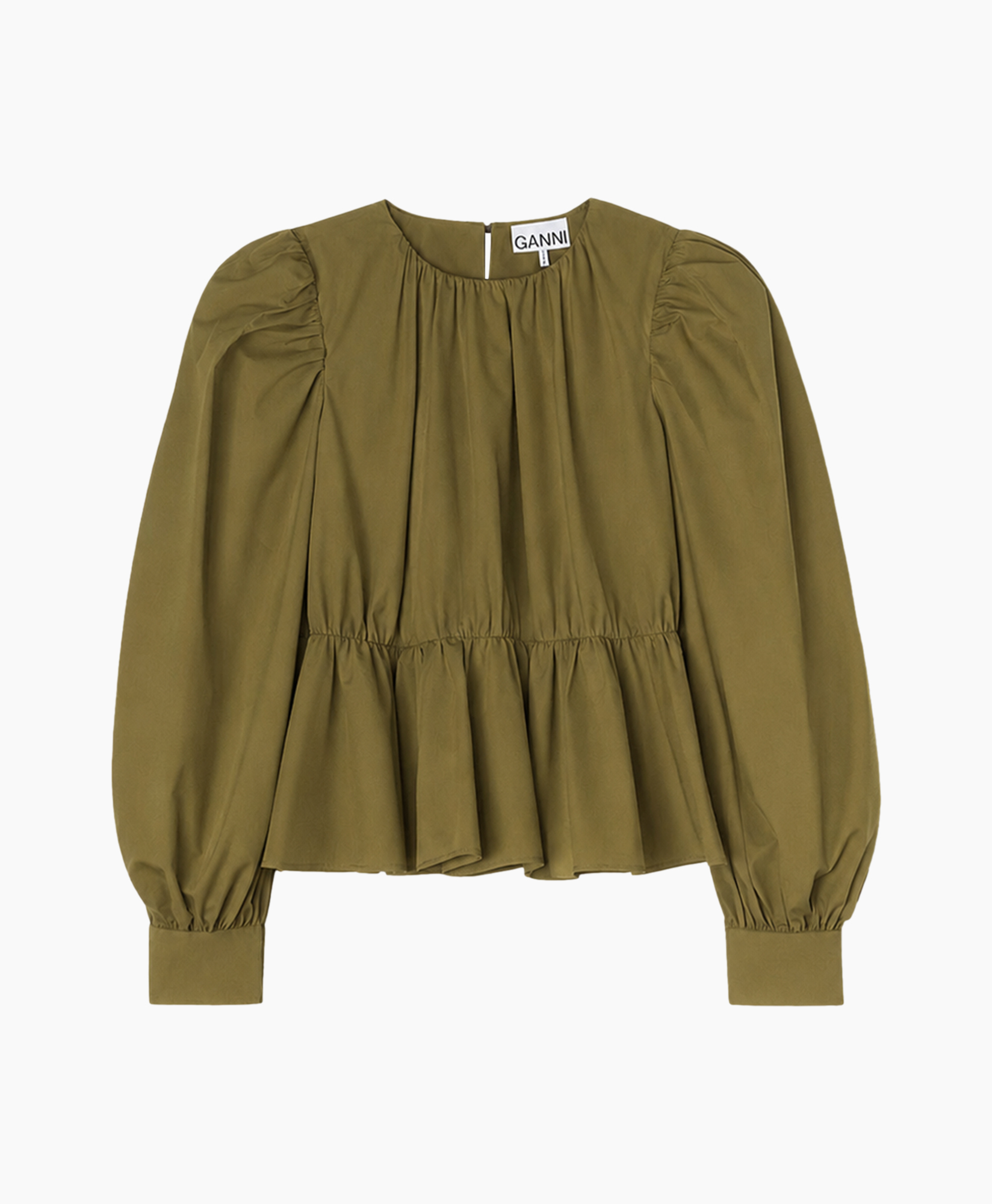 blouse, peplum, olijfkleurig, lange mouw, pufmouw