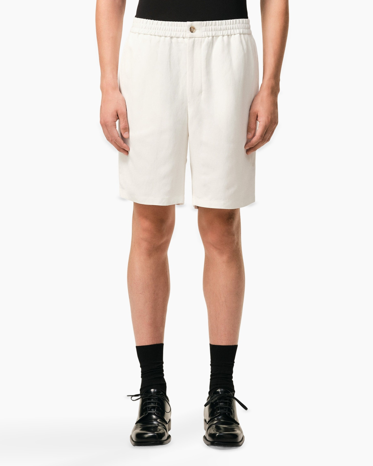 shorts, white, drawstring?, elastic waistband, loafers?