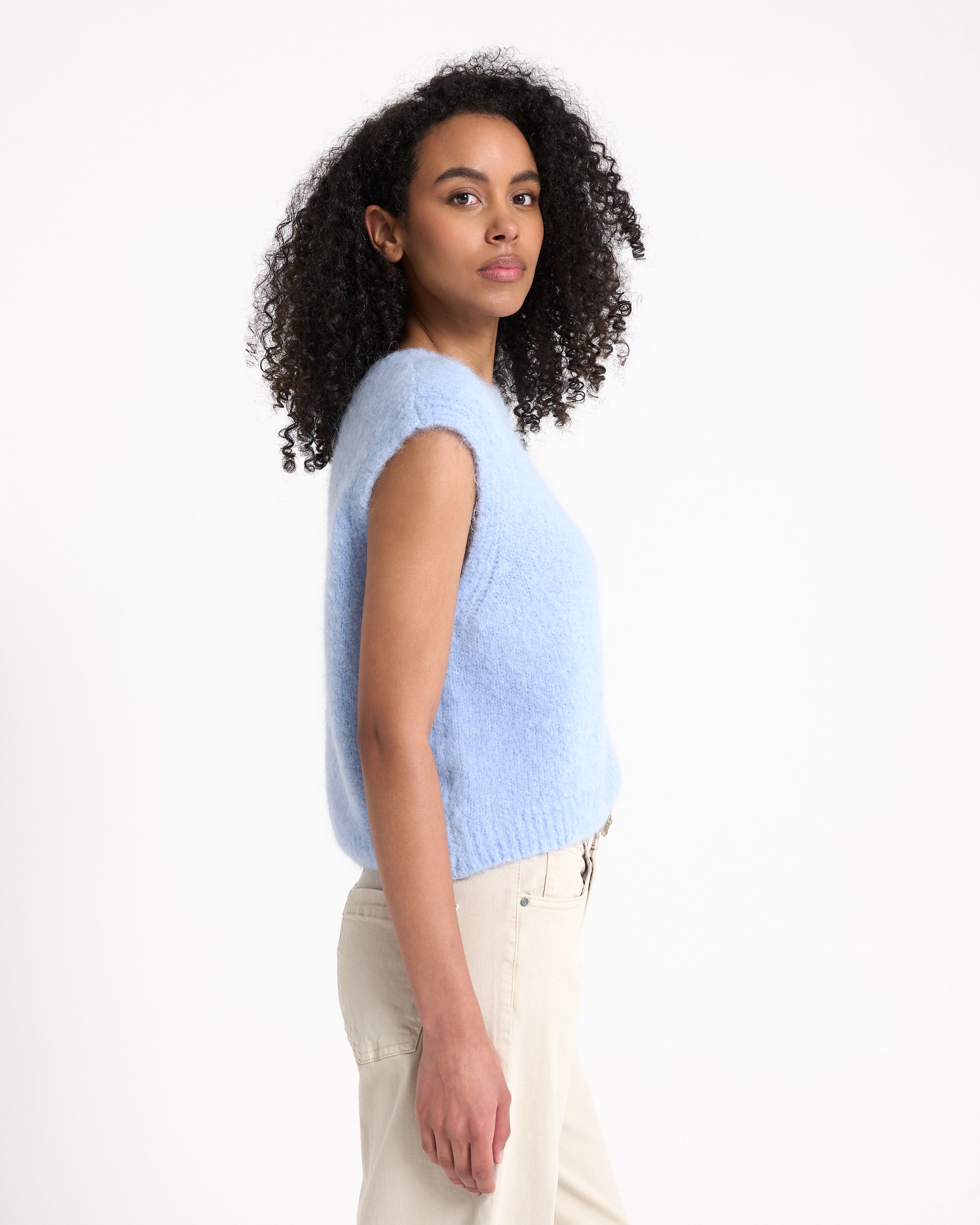 top, sleeveless, blue, knitted, sweater, light blue