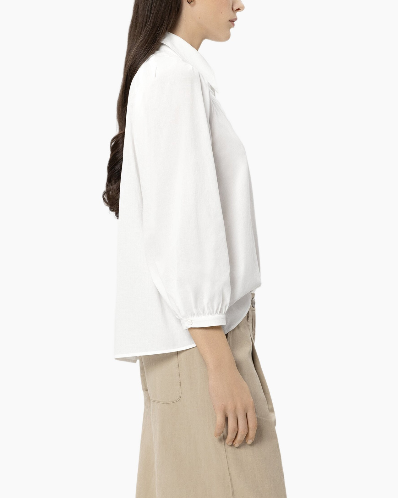 white blouse, long sleeve, collared shirt, loose fit, women’s top