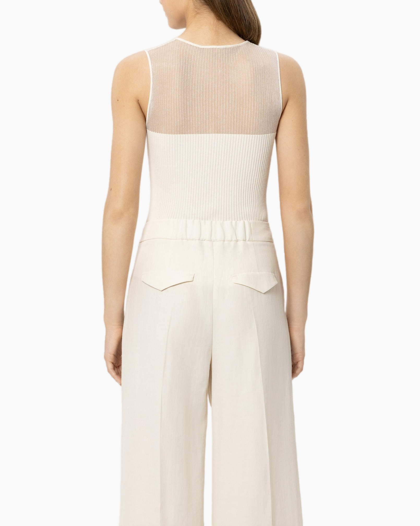 tanktop, ribbed breton?, mesh tule, crème blanc, broek met plooi