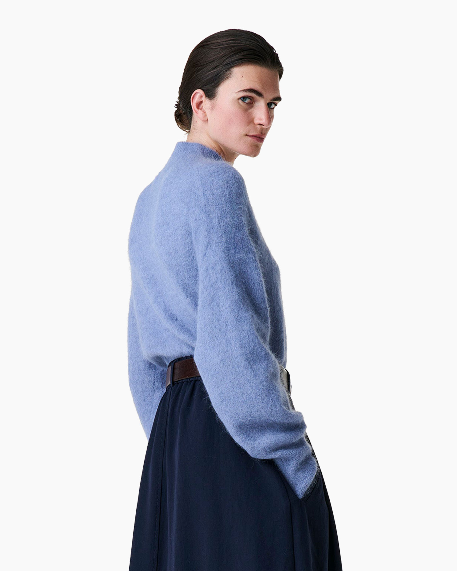 trui, pullover, blauw, breisel, hoge kraag