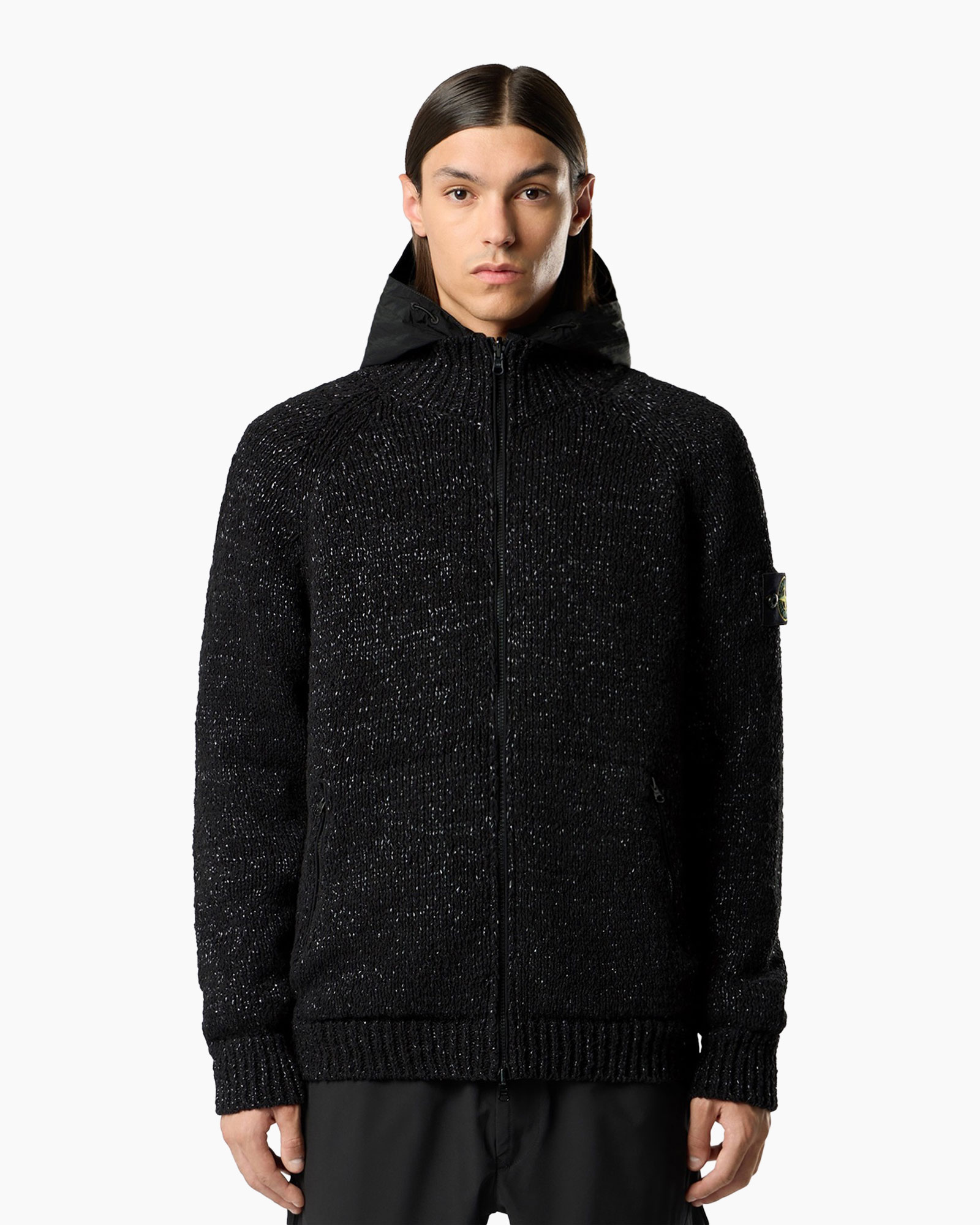 hooded cardigan, gebreide jas, zwart, volledige rits, textuur brei
