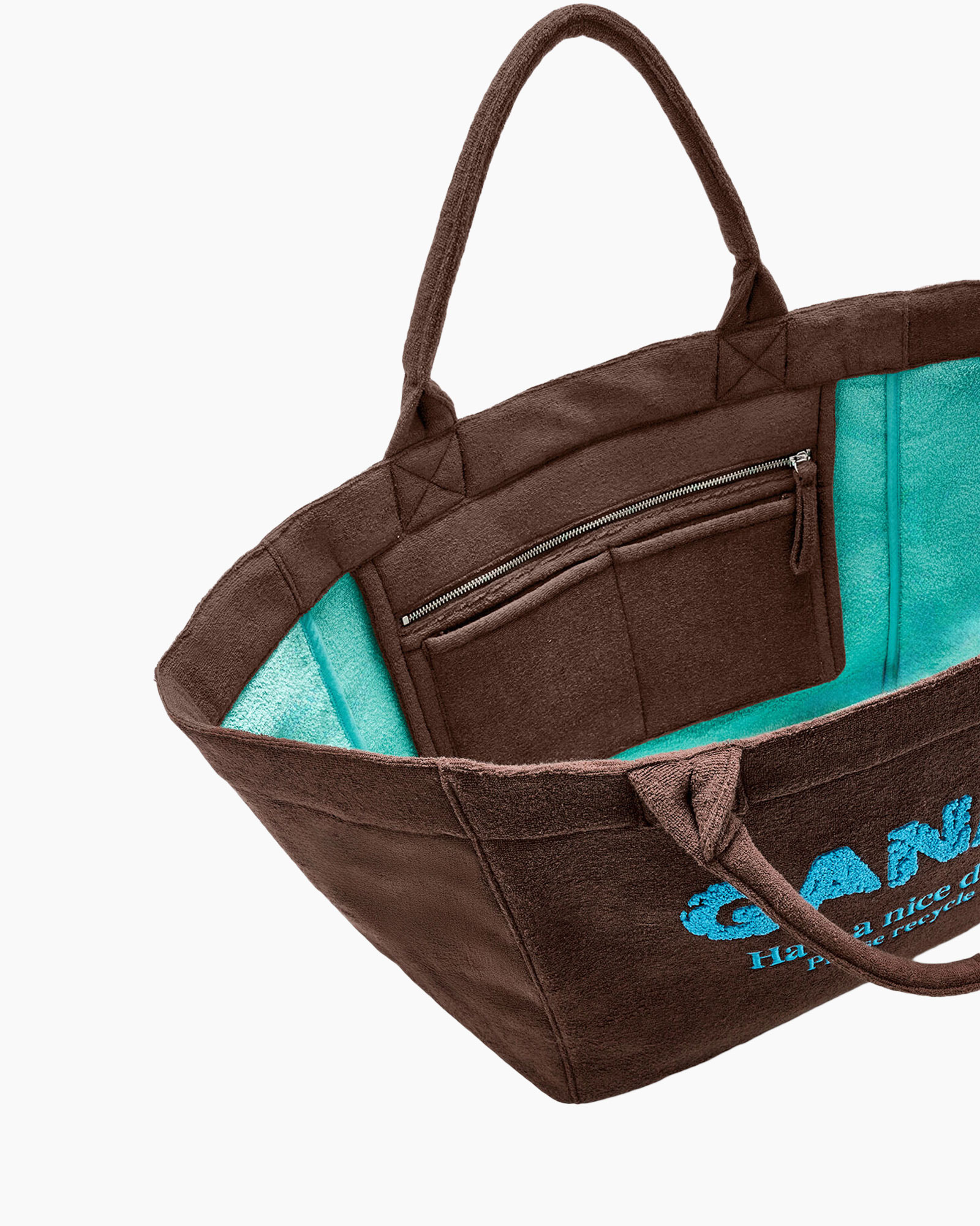 tote tas, bruine tas, ritszakje, turkoois voering, canvas tas