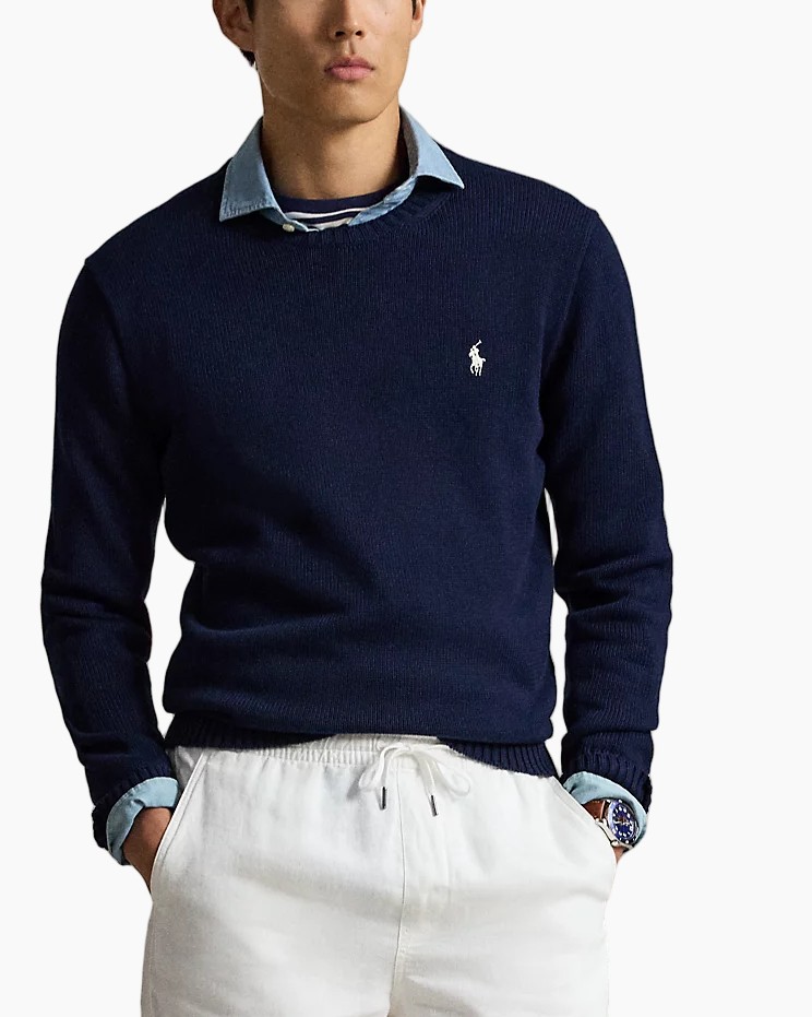 navy sweater, trui breigoed, shirt nek, polo pony logo, casual pull-over