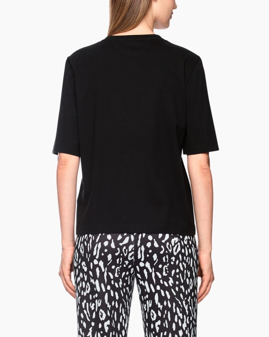 t-shirt, mouwloze korte, zwart, parelketting print, casual top