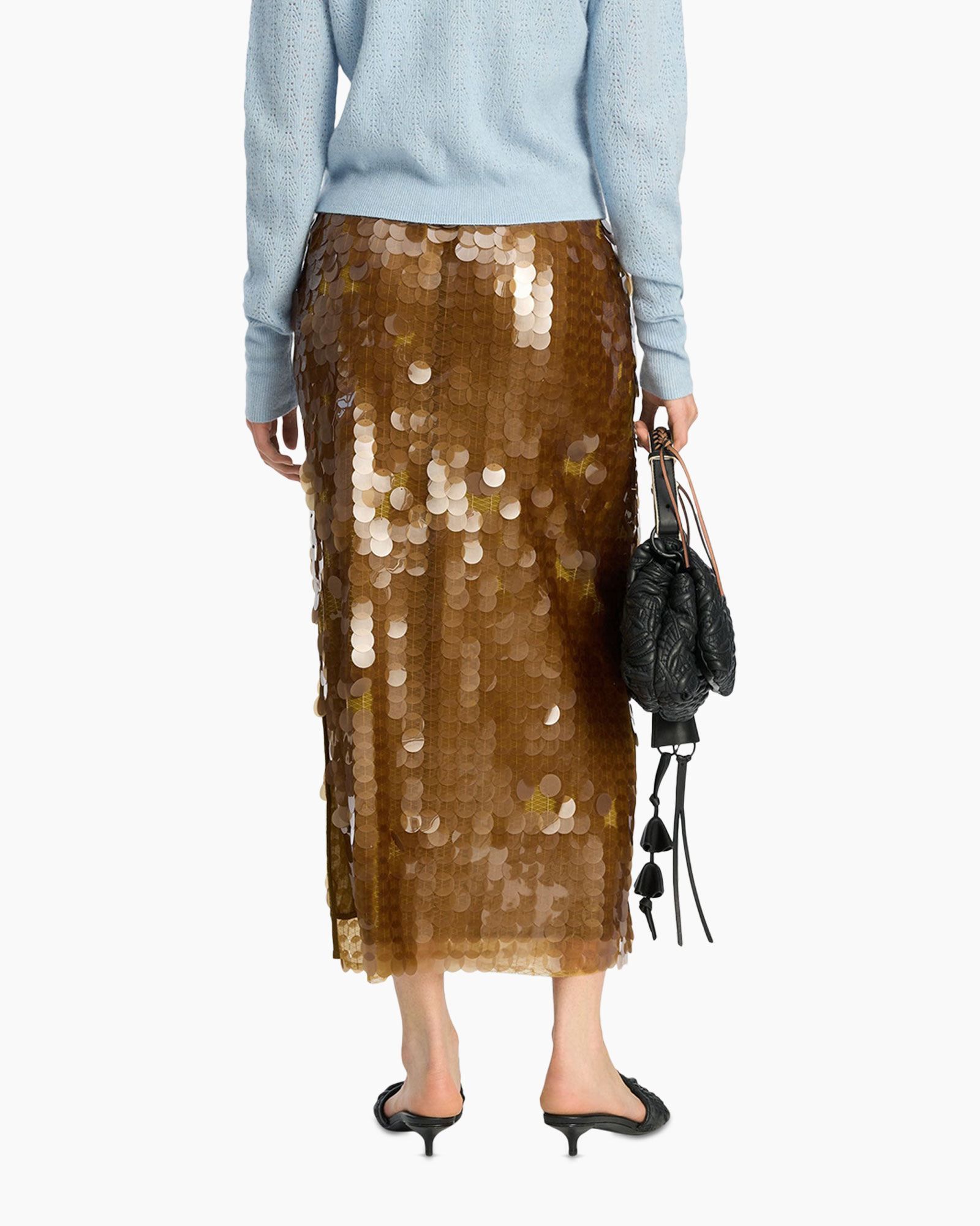 skirt, sequins, metallic, brown, midi