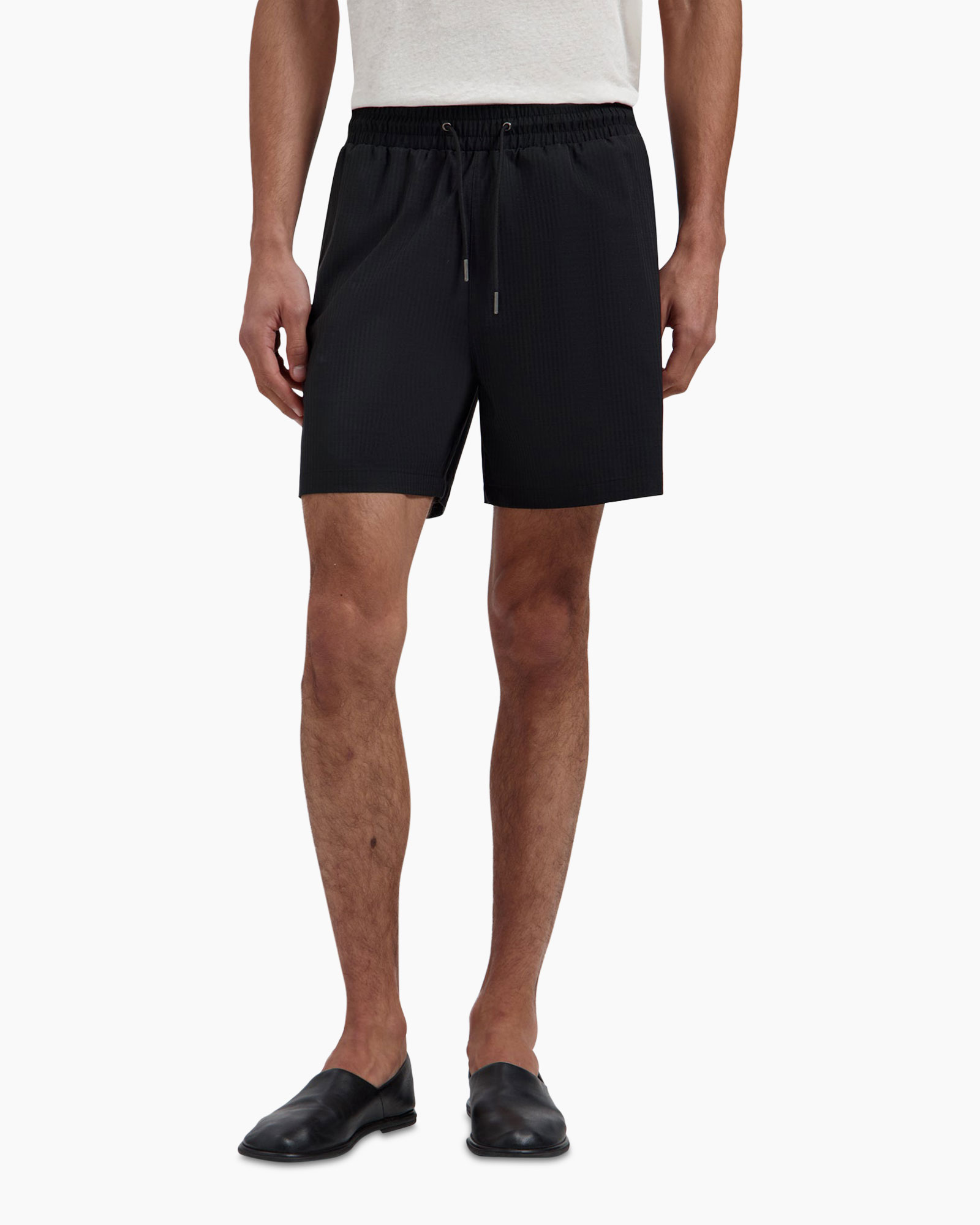 shorts, drawstring, black, mid-length, slip-ons