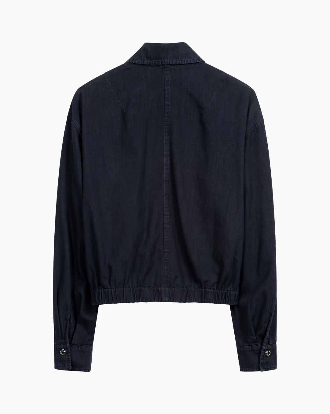 jas, marineblauw, denim, kraag, elastische zoom