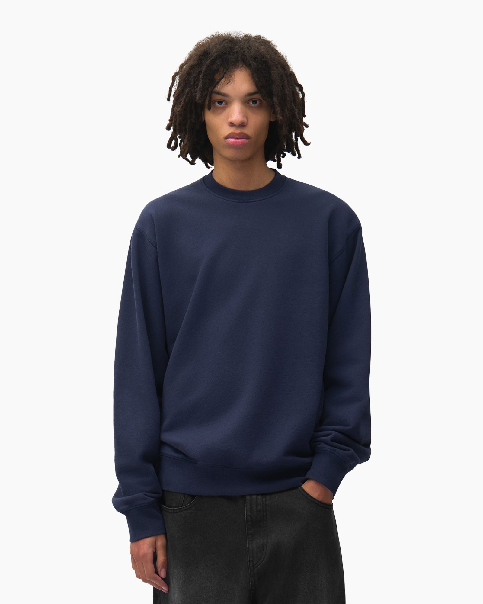 sweatshirt, marineblauw, lange mouwen, kraagloze ronde hals, effen kleur
