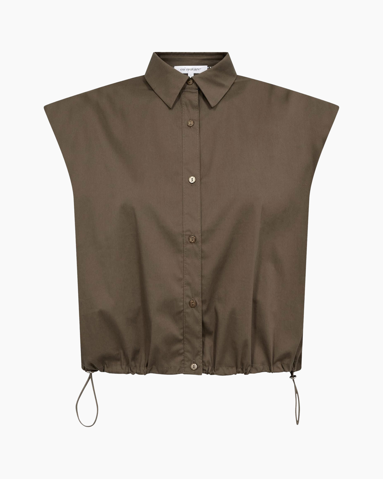 knopsluiting, top, mouwloos, trekkoord, khaki