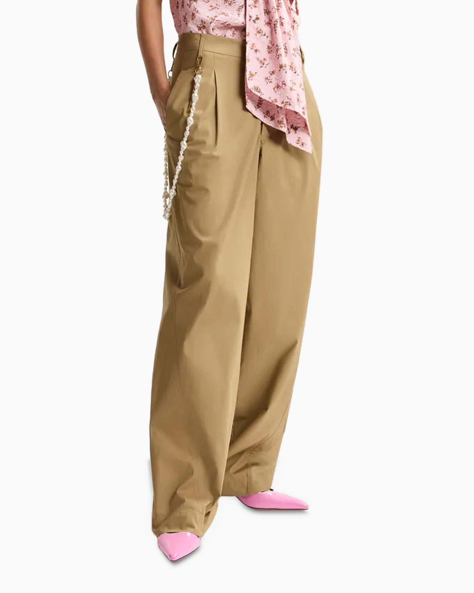 broek met wijde pijpen, khaki broek, plooien, voorzakken, ketting-accessoire