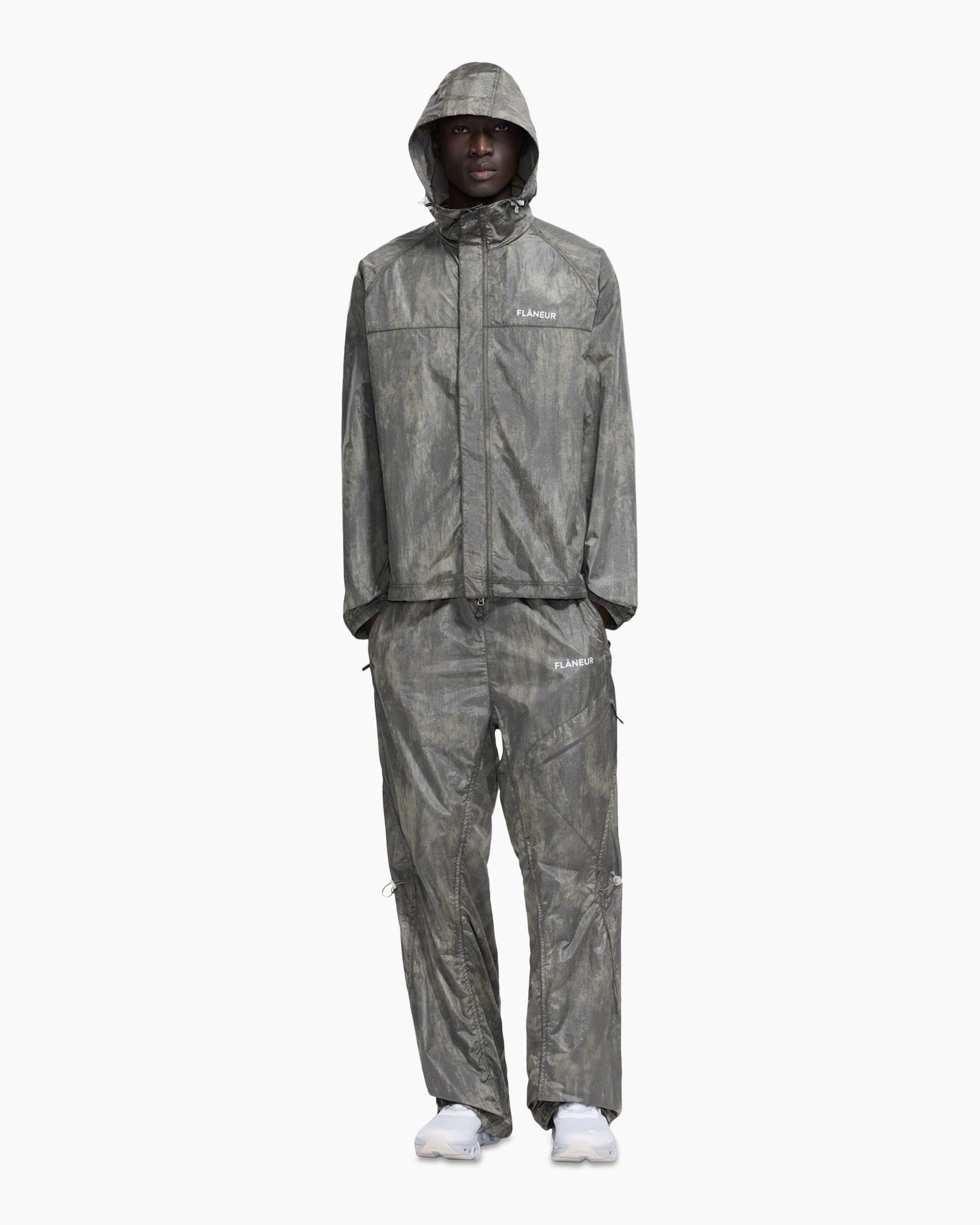regenjas, jas, kap, rond-rits, broeken, regenjas, kapmantel, jas, broek, set, hooded jascket, windbreaker, metallic gray, tracksuit, streetwear