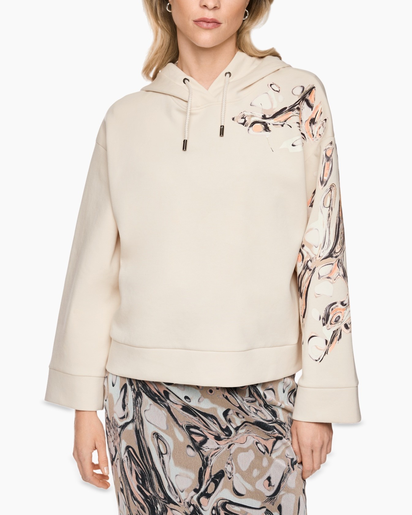 hoodie, langer mouw, beige, bedrukt mouw, dessin drawstring capuchon