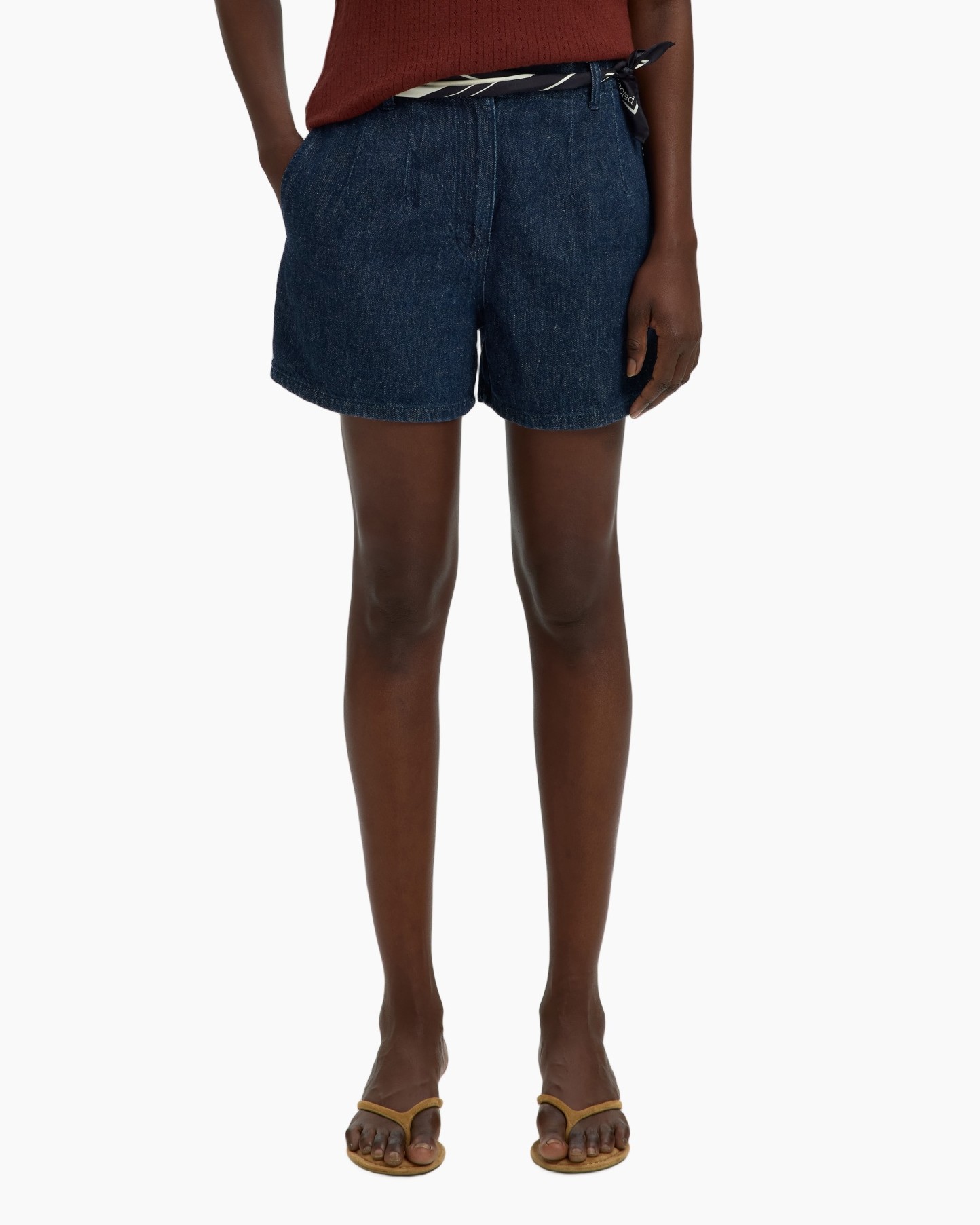 shorts, denim, middellange, elastische taille, sandaaltjes