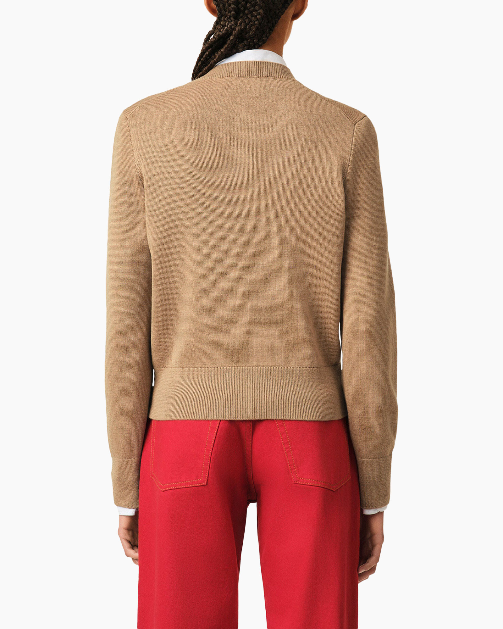 cardigan, beige, gebreide trui, geribbelde zoom, achterkant