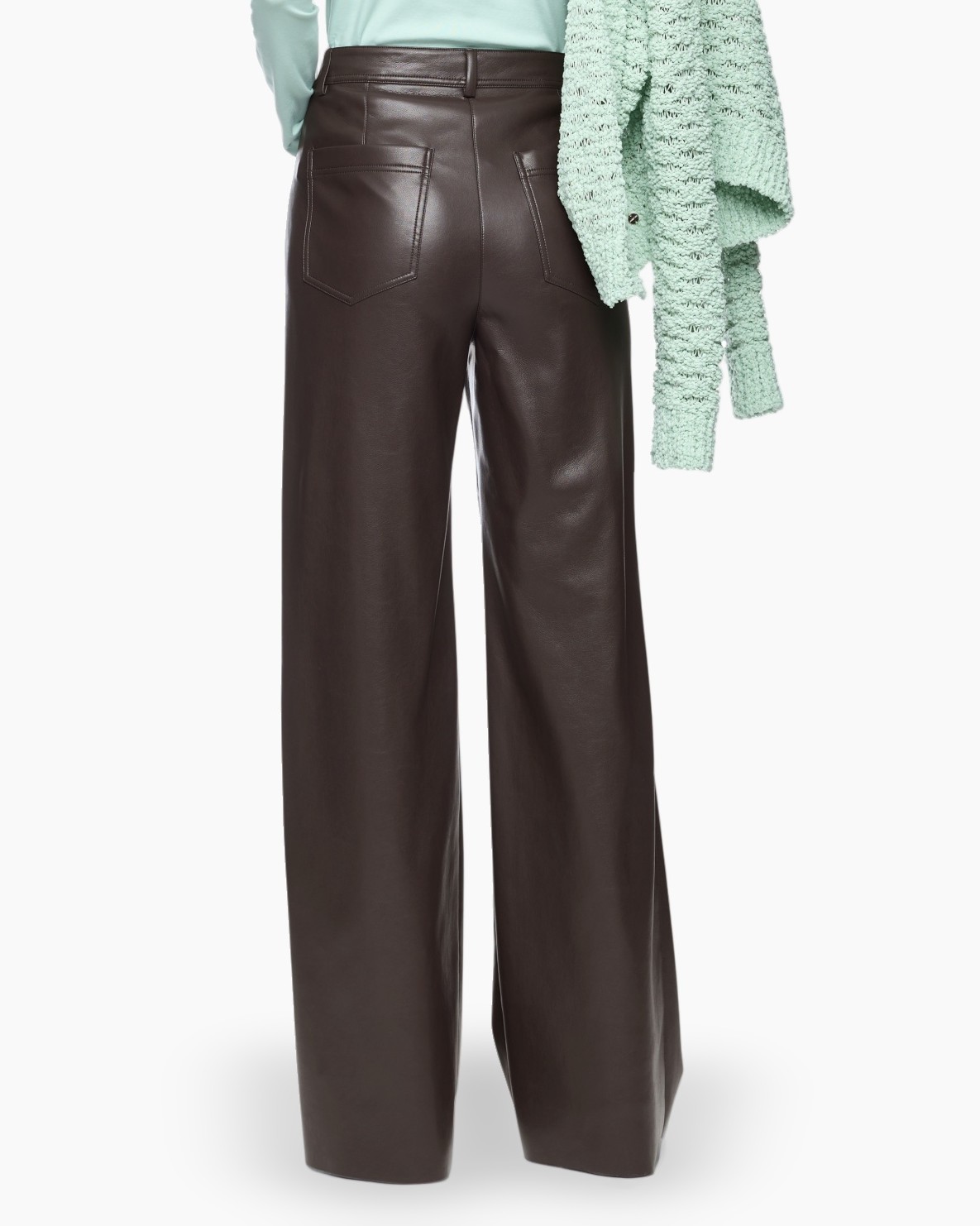broek, wijdelijn, leerachtige, bruin, hoog taille