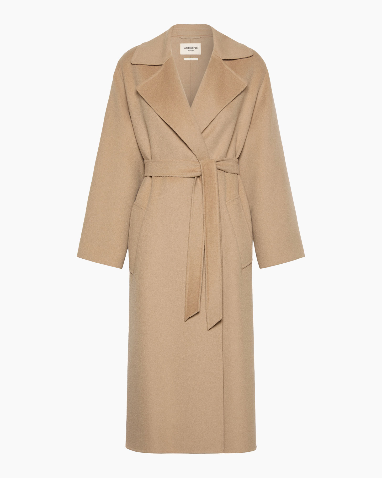 jas, lang, beige, riem, revers
