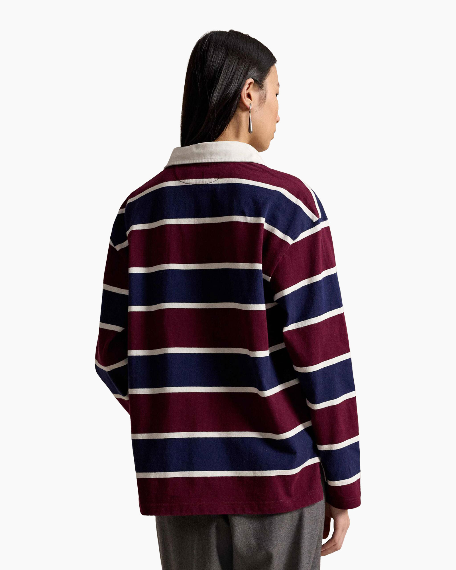 gestreepte polo, lange mouwen polo, bordeaux blauw strepen, polo shirt, zaklogo