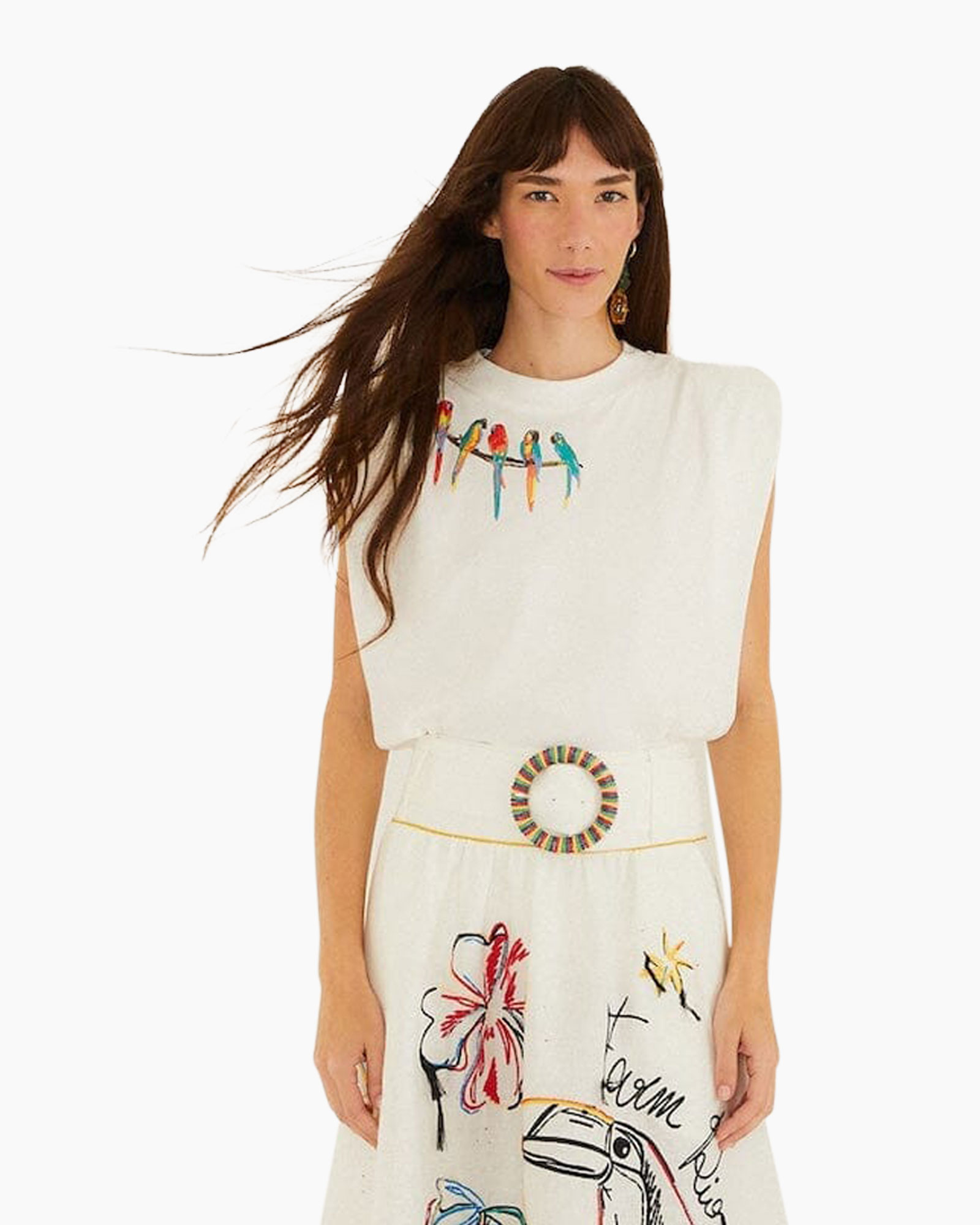 top zonder mouwen, grafische blouse, witte top, papegaai-print, riem met cirkel