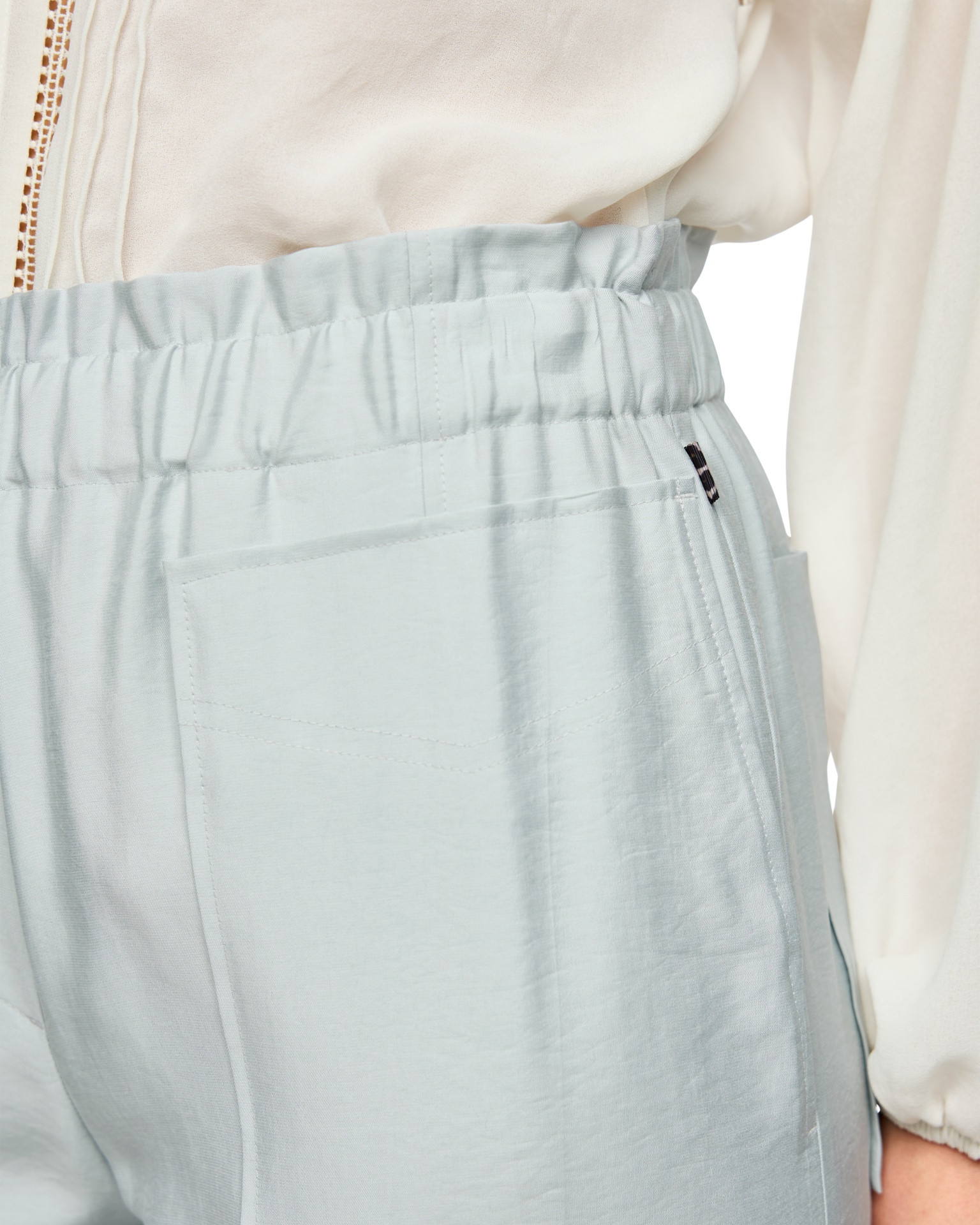 taille élastique, bleu clair, pantalon, poches, aspect lin