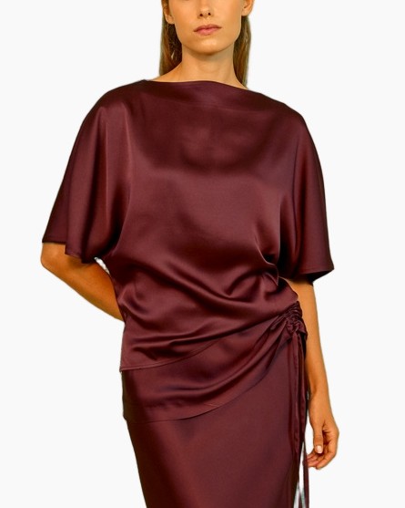 zijde, top, korte mouwen, wrap, donkerrood