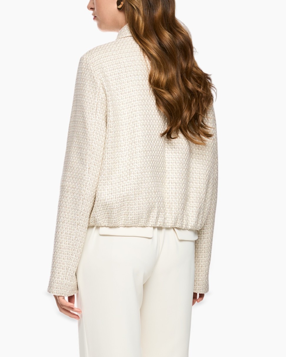 tweed jas, crème cardigan, ritsjas, geweven textuur, neutrale kleur