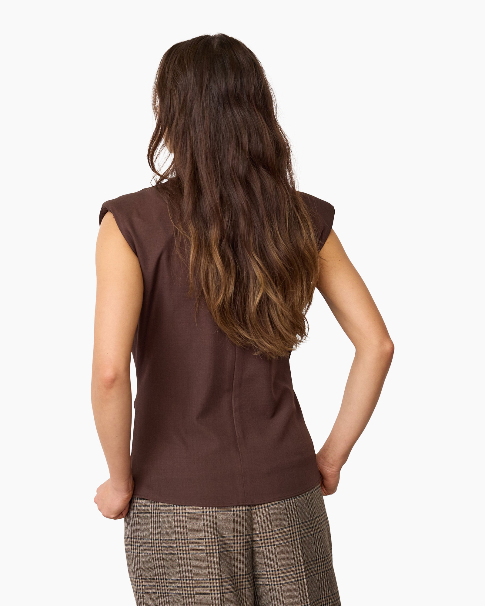top, bruin, zonder mouw, wrap, riempje