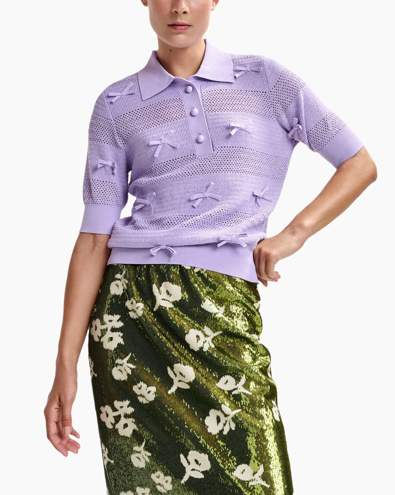 katoenen polo, lila top, korte mouwen, garen breiwerk, strikdetails