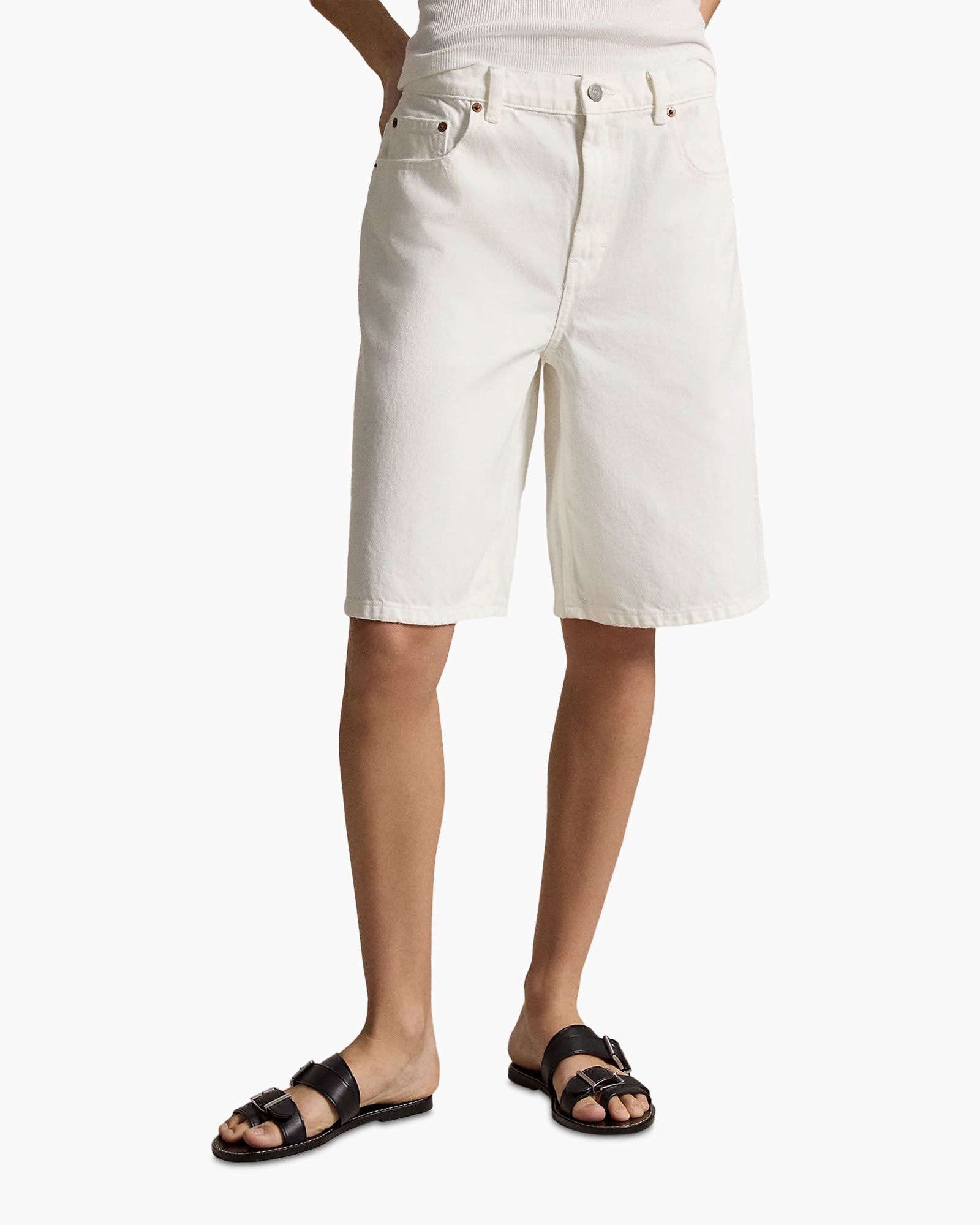 shorts, white, denim, knee-length, open-toe sandals