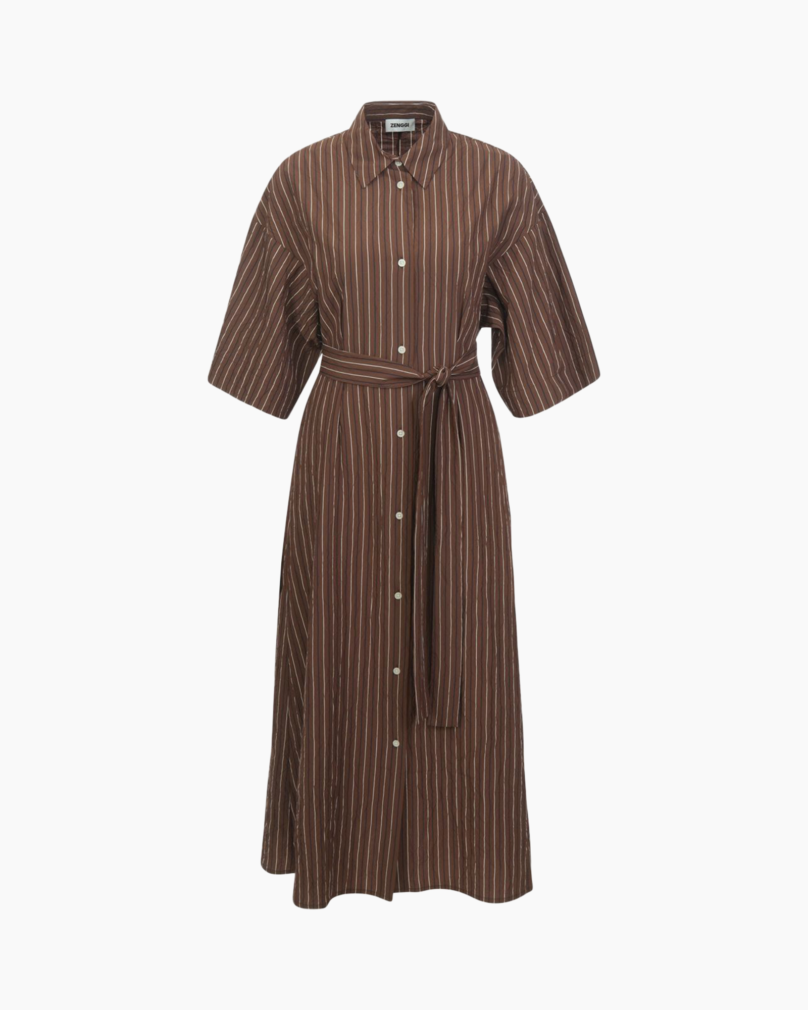 dress, shirt dress, belted, striped, mid-length